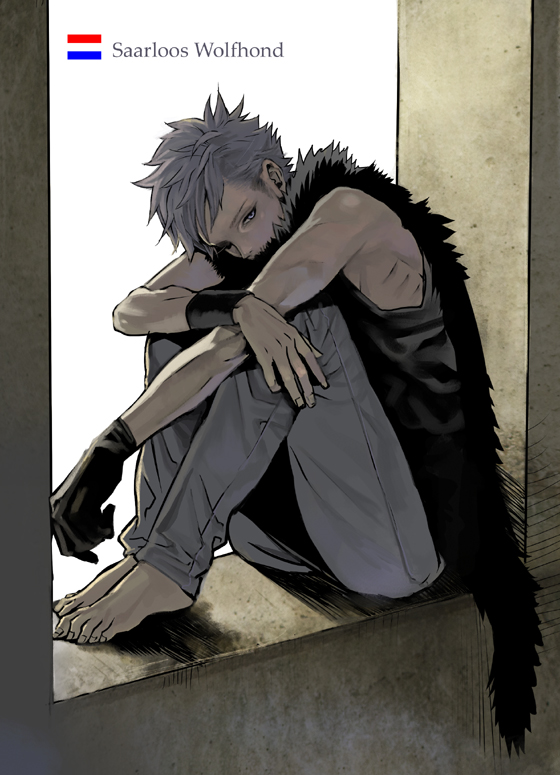 agasang, barefoot, fur_trim, grey_hair, male, original, personification, short_hair