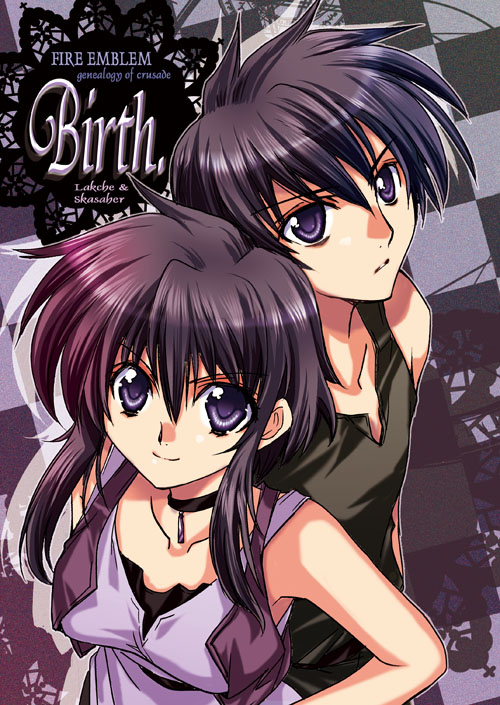 1boy, 1girl, black_hair, brother_and_sister, checkered_background, choker, comiket_82, english_text