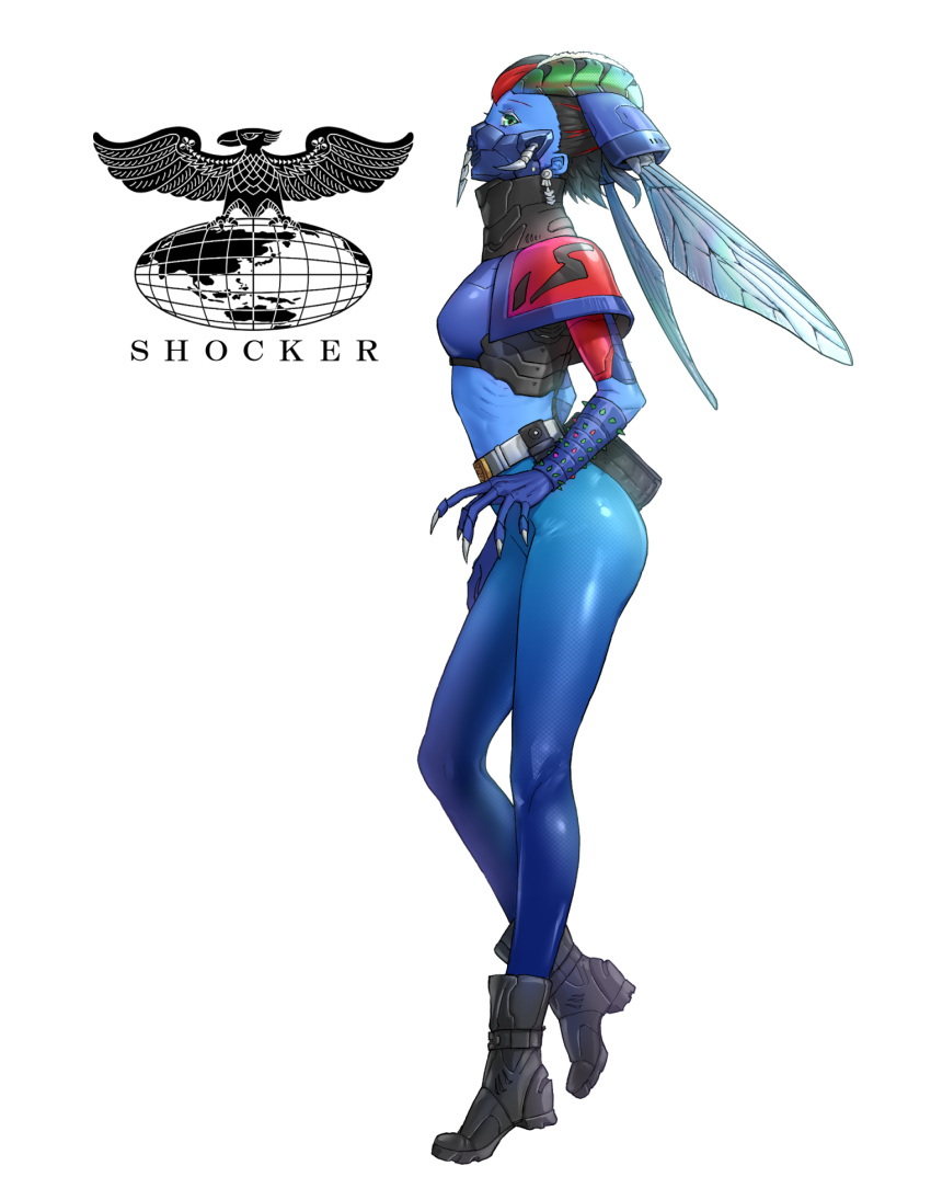 1girl, abugomes, arthropod_girl, belt, belt_buckle, black_footwear, black_hair, blue_pants
