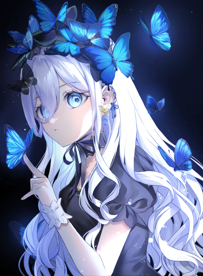 1girl, absurdres, black_background, black_butterfly, black_dress, black_ribbon, black_sleeves, blue_butterfly, blue_eyes, blue_ribbon, bug, butterfly, butterfly_earrings, dress, earrings, expressionless, frilled_wrist_cuffs, frills, glowing_butterfly, hair_between_eyes, highres, index_finger_raised, jewelry, light_particles, looking_at_viewer, mochiro_chio, original, parted_lips, puffy_short_sleeves, puffy_sleeves, ribbon, short_sleeves, single_hair_intake, solo, upper_body, wavy_hair, white_hair, wrist_cuffs