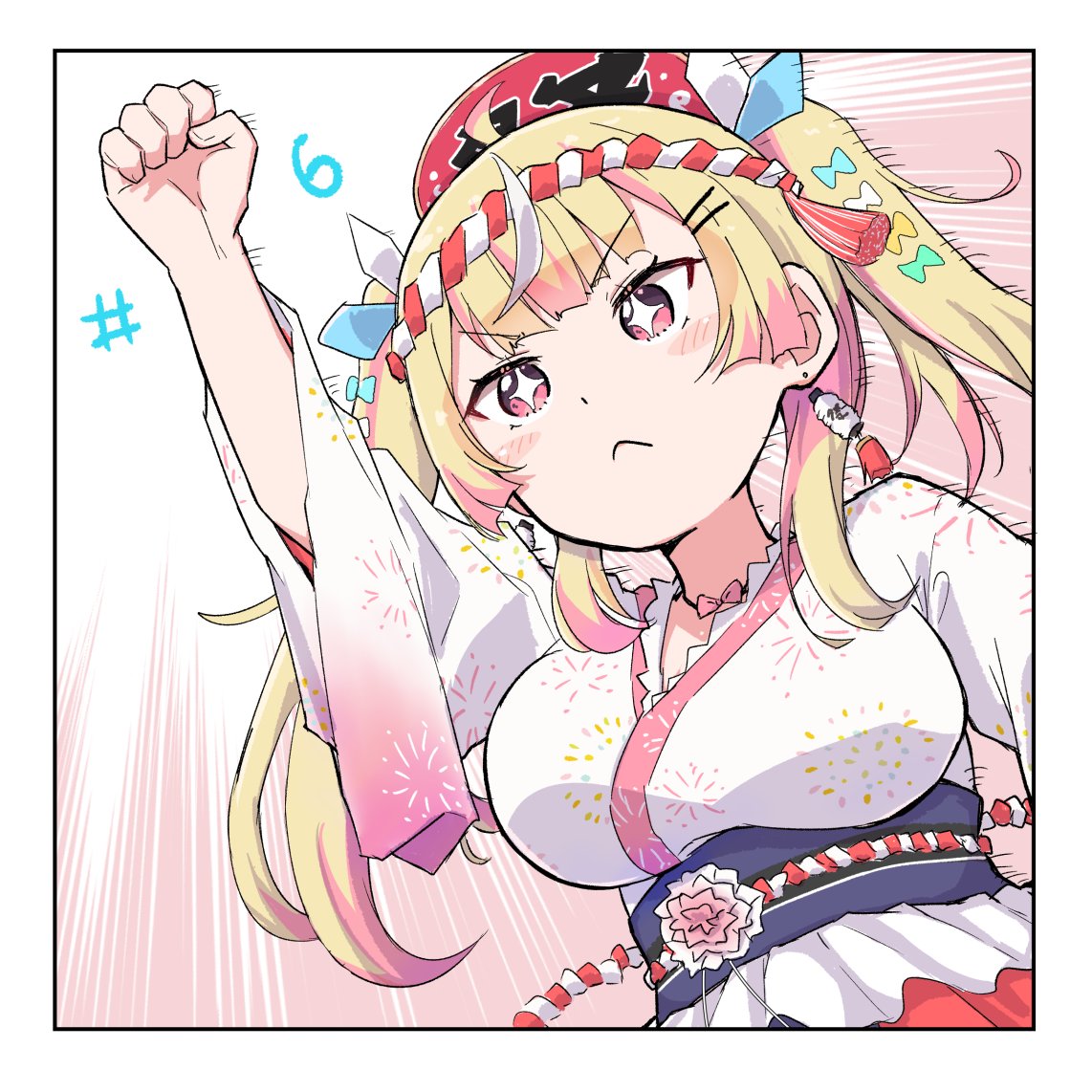 1girl, arm_up, blonde_hair, earrings, japanese_clothes, jewelry, ki-ro-to, kimono, matsuriya_hikari, medium_hair, obi, sash, star-shaped_pupils, star_(symbol), symbol-shaped_pupils, vtuber_nandaga_haishin_kiriwasuretara_densetsu_ni_natteta