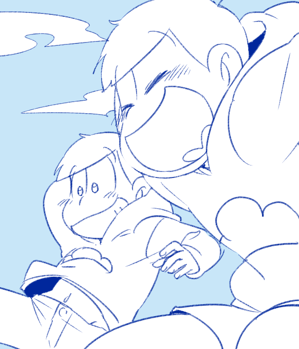 2boys, ahoge, arm_behind_head, blue_sky, blunt_bangs, brothers, character_request, closed_eyes, cloud_print, clouds, commentary_request, cowboy_shot, denim, falling, greyscale_with_colored_background, grin, happy, heart, heart_in_mouth, hood, hood_down, hoodie, jeans, light_blush, long_sleeves, looking_ahead, male_focus, midriff_peek, multiple_boys, navel, official_style, open_mouth, osmt365, osomatsu-san, osomatsu_(series), pants, short_hair, siblings, sky, smile