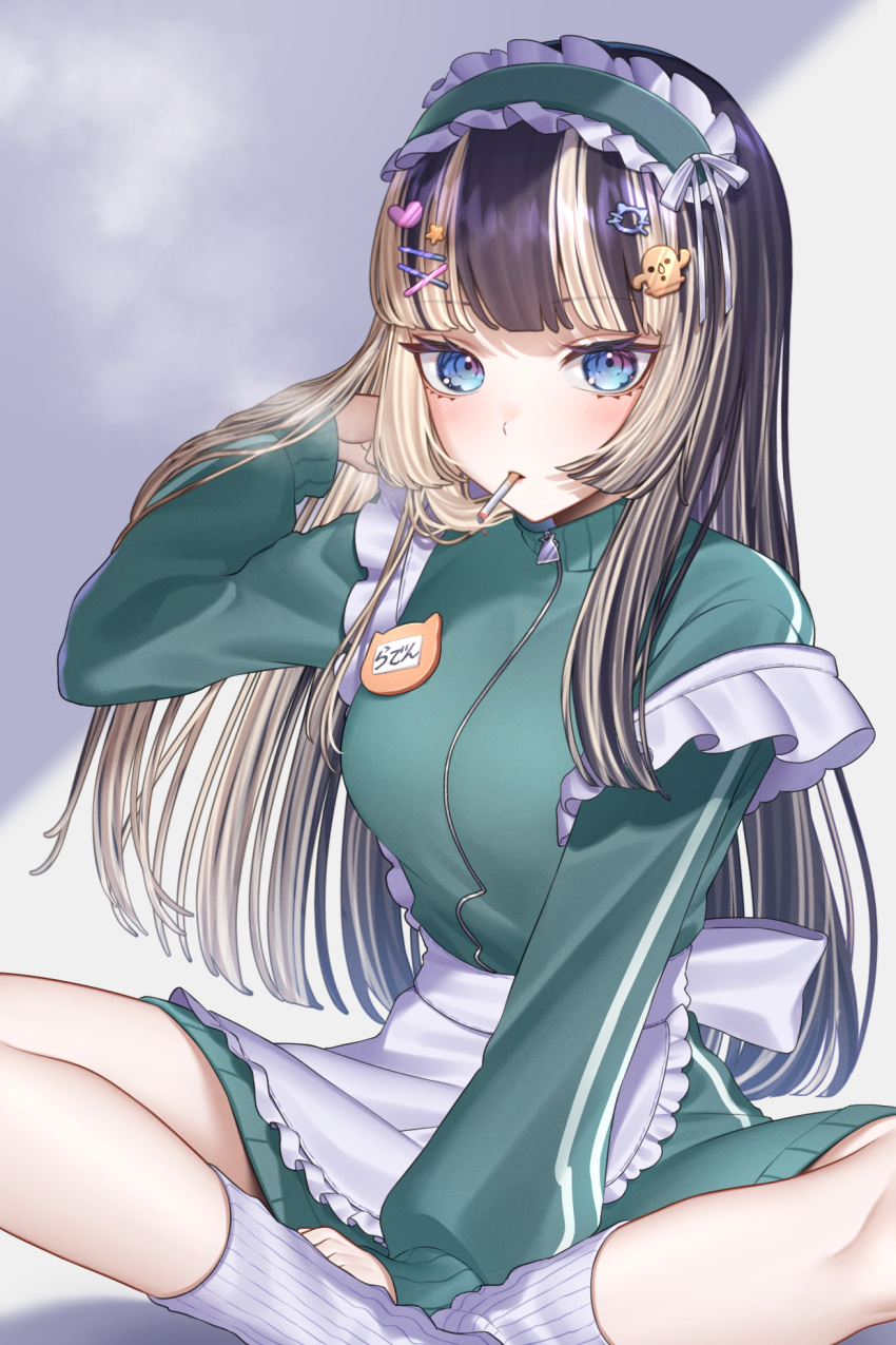 1girl, alternate_costume, apron, between_legs, black_hair, blonde_hair, blue_eyes, blunt_bangs