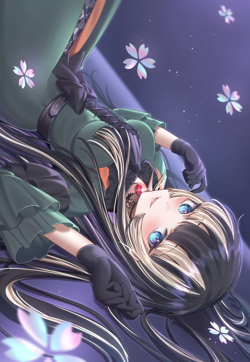 1girl, absurdres, ascot, black_ascot, black_background, black_bow, black_gloves, black_hair