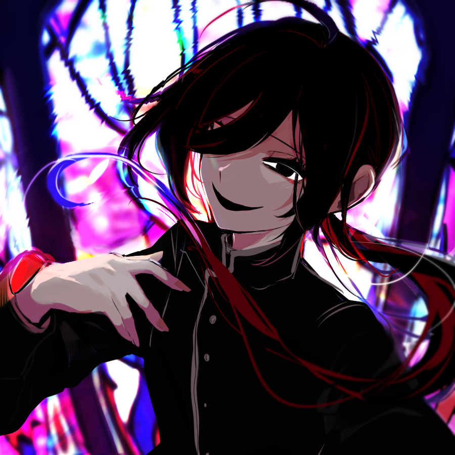 1boy, ahoge, black_eyes, black_hair, black_mouth, buttons, cassock, colored_inner_hair