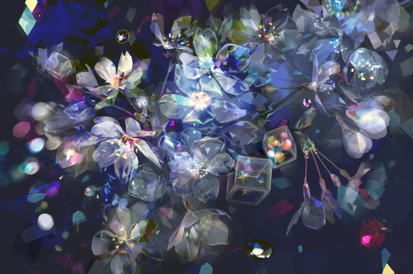 blue_flower, cherry_blossoms, chiyoda_sakura, cube, cube_(jsr), dark_background, flower, flower_focus