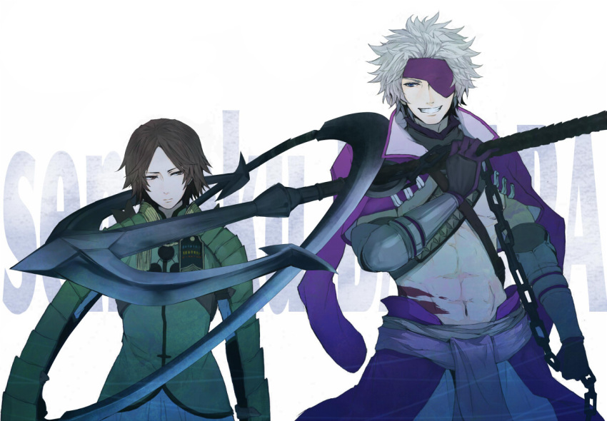 2boys, armor, bk3, blue_eyes, brown_eyes, brown_hair, chousokabe_motochika_(sengoku_basara), copyright_name