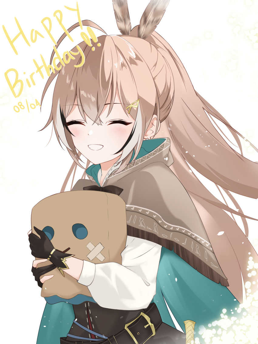 1girl, absurdres, ahoge, black_hair, brown_capelet, brown_cloak, brown_corset, brown_hair