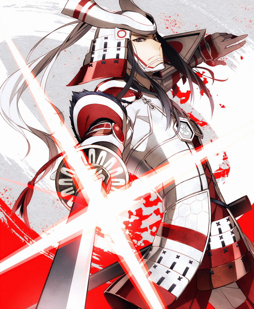 1boy, ai_(warekaku), armor, azai_nagamasa_(sengoku_basara), black_hair, frown, glint, gloves