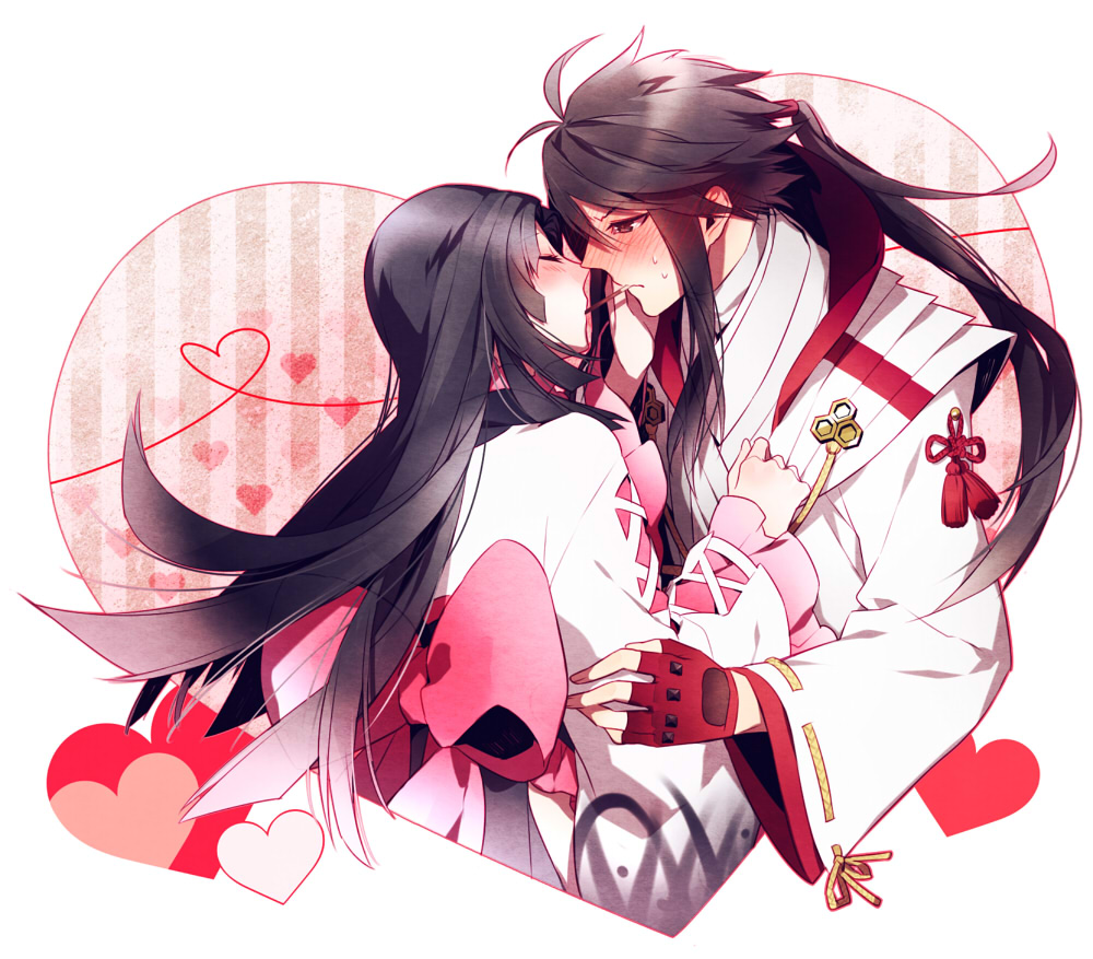 1boy, 1girl, ai_(warekaku), antenna_hair, azai_nagamasa_(sengoku_basara), blush, closed_eyes, couple