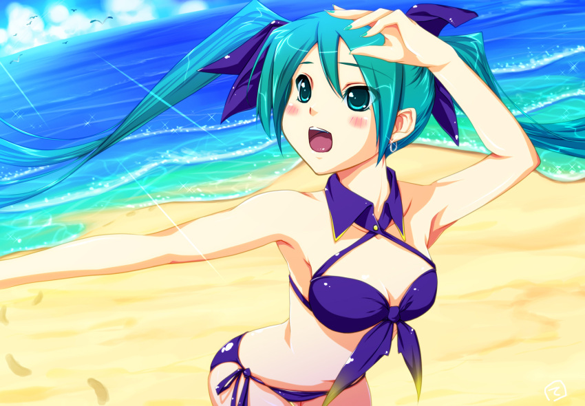 aqua_hair, armpits, beach, bikini, blush, breasts, cleavage, front-tie_top
