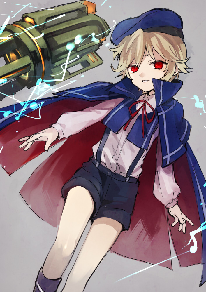1boy, black_shorts, blonde_hair, blue_cape, blue_hat, cape, electricity, feet_out_of_frame