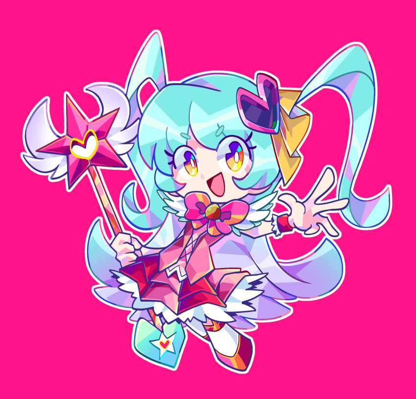 1girl, arm_up, blue_hair, bow, bowtie, chibi, dress, highres, holding, holding_wand, lirm_lc, lobotomy_corporation, long_hair, open_mouth, pink_background, pink_bow, pink_bowtie, pink_dress, project_moon, queen_of_hatred, simple_background, smile, solo, two_side_up, very_long_hair, wand, yellow_eyes