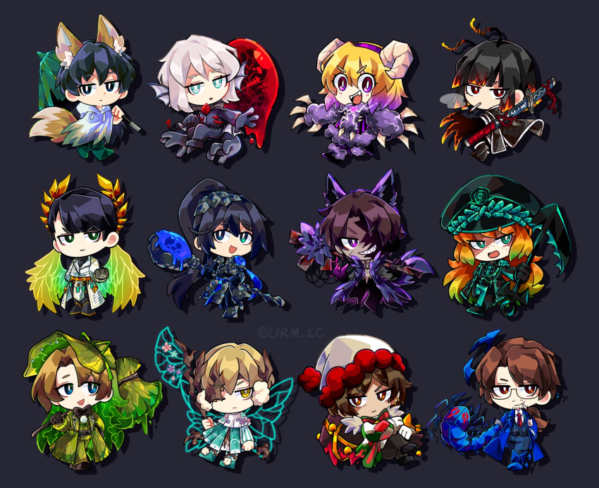 4th_match_flame_(e.g.o), 6+boys, 6+girls, aedd_(e.g.o), anchor, angel_wings, animal_ears, aqua_eyes, aqua_hair, axe, black_background, black_bodysuit, black_gloves, blind_obsession_(e.g.o), blonde_hair, blue_eyes, bodysuit, brown_eyes, brown_hair, cavernous_wailing_(e.g.o), coat, don_quixote_(project_moon), e.g.o_(project_moon), effervescent_corrosion_(e.g.o), electric_screaming_(e.g.o), fairy_wings, fangs, faust_(project_moon), fins, fluid_sac_(e.g.o), fox_ears, fox_tail, gloves, green_coat, gregor_(project_moon), hammer, head_fins, heathcliff_(project_moon), highres, holding, holding_anchor, holding_axe, holding_hammer, holiday_(e.g.o), hong_lu_(project_moon), horns, ishmael_(project_moon), lantern_(e.g.o), laurels, limbus_company, lirm_lc, long_hair, long_sleeves, meursault_(project_moon), multiple_boys, multiple_girls, open_mouth, orange_hair, outis_(project_moon), project_moon, pursuance_(e.g.o), rodion_(project_moon), ryoshu_(project_moon), sheep_horns, short_hair, sidelocks, sinclair_(project_moon), smile, sunshower_(e.g.o), tail, telepole_(e.g.o), very_long_hair, violet_eyes, white_hair, wings, wolf_ears, wolf_tail, yi_sang_(project_moon)