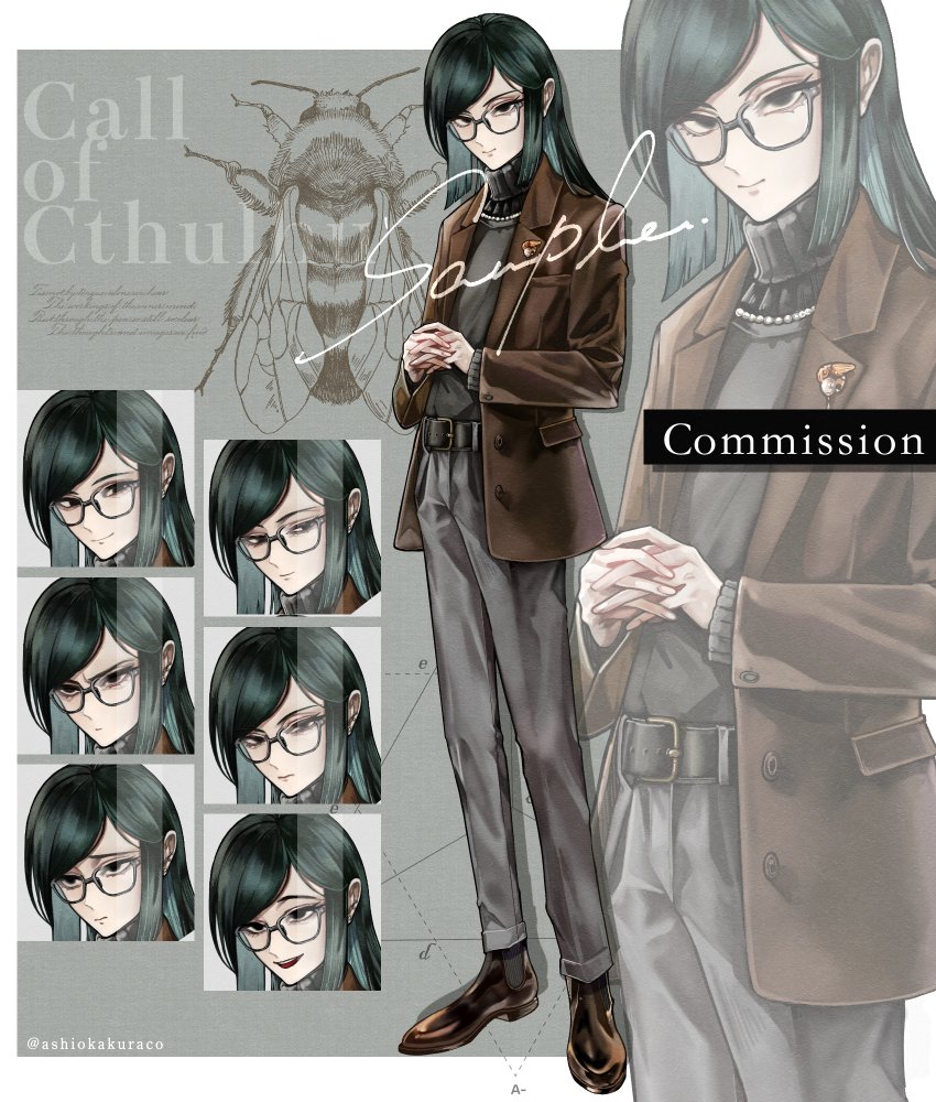 1boy, :d, ashioka_kuraco, bee, belt, belt_buckle, black-framed_eyewear, black_belt