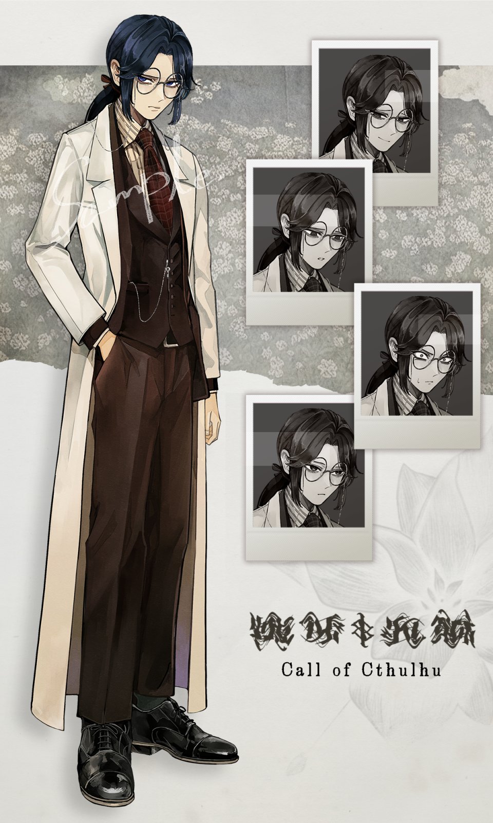 1boy, arm_at_side, ashioka_kuraco, black_footwear, black_socks, blue_hair, brown_jacket, brown_pants