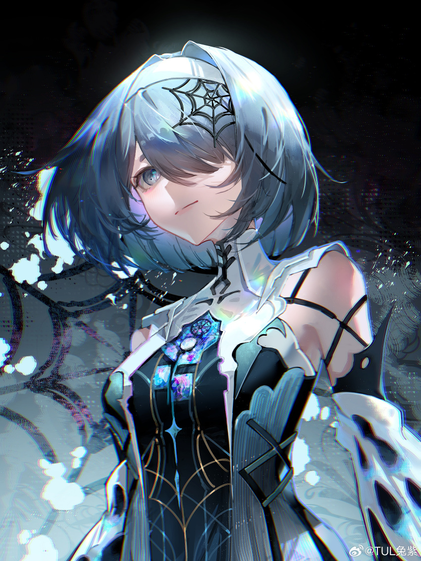 1girl, absurdres, alisa:_echo_(punishing:_gray_raven), alisa_(punishing:_gray_raven), bare_shoulders, black_background, black_shirt, blue_hair