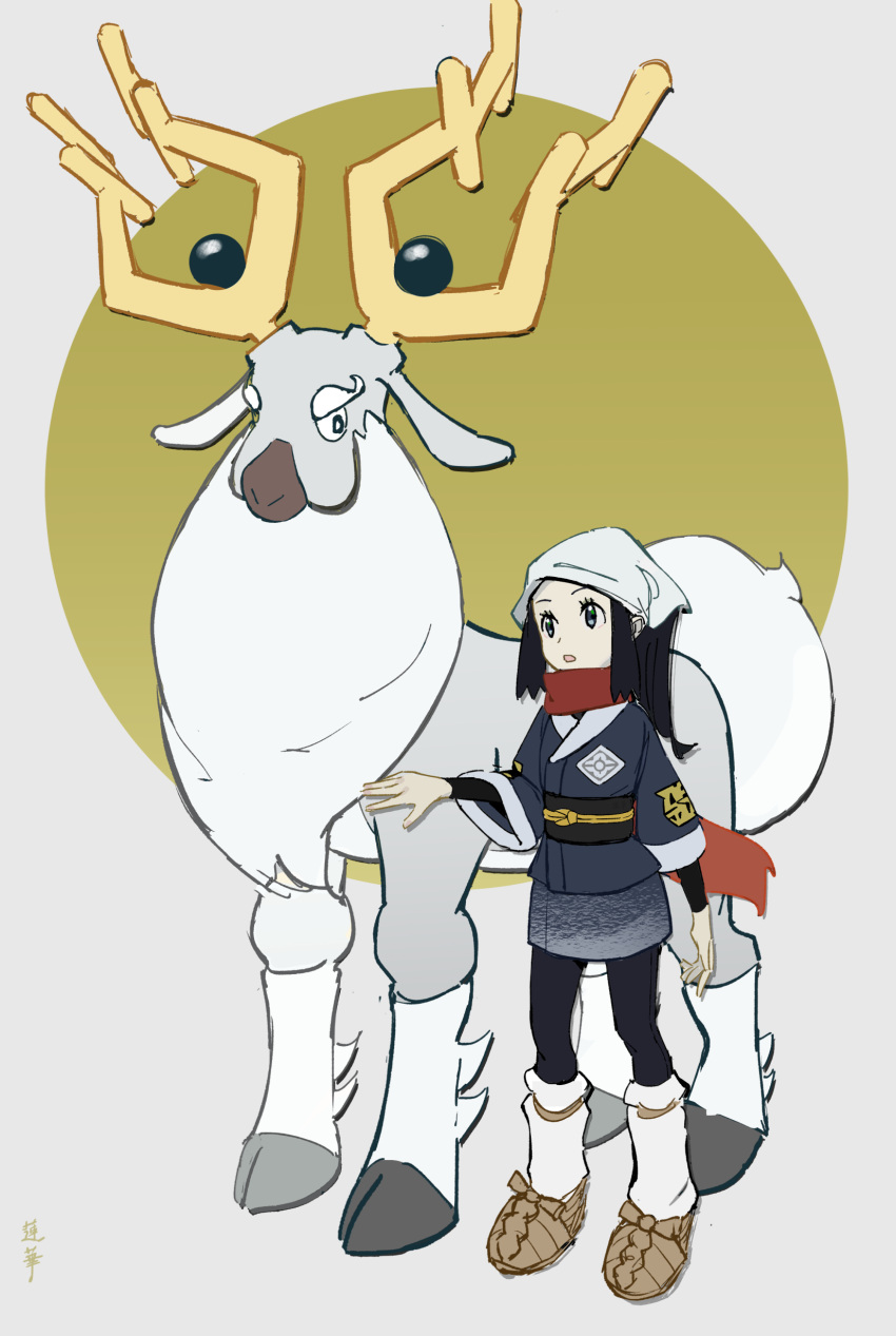 1girl, absurdres, akari_(pokemon), black_eyes, black_hair, black_leggings, commentary, full_body, grey_background, head_scarf, highres, japanese_clothes, leggings, long_hair, open_mouth, pokemon, pokemon_(creature), pokemon_legends:_arceus, red_scarf, renge_(042514), scarf, wide_sleeves, wyrdeer