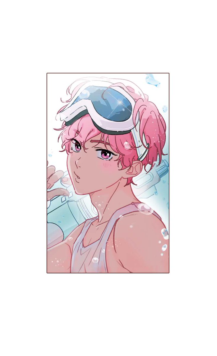 1boy, bamby_(plave), bare_shoulders, blush, border, bubble, commentary, goggles