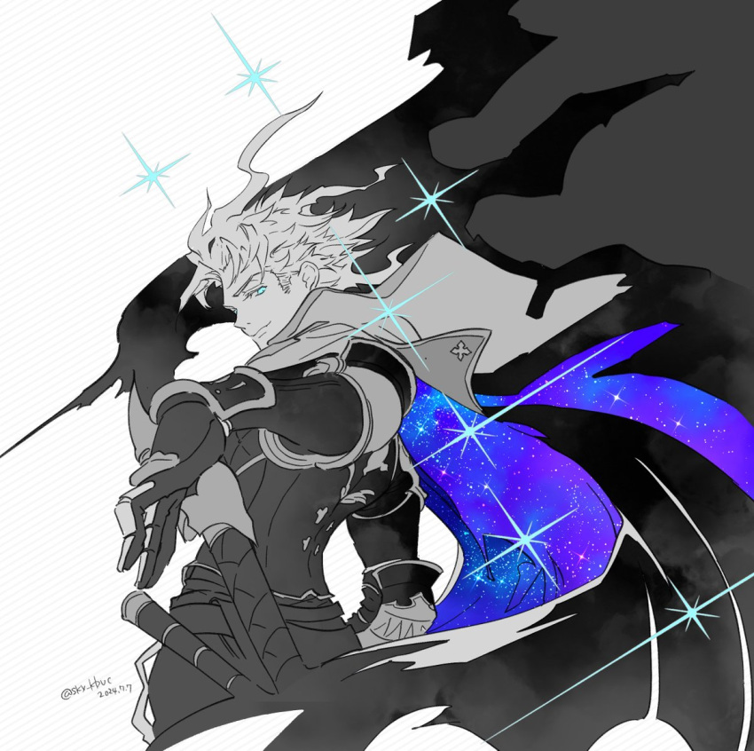 1boy, arm_up, armor, armored_gloves, belt, black_armor, black_belt, black_gloves