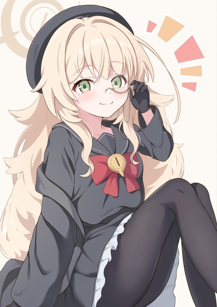 1girl, black_pantyhose, blonde_hair, blue_archive, brown_halo, closed_mouth, commentary_request, green_eyes