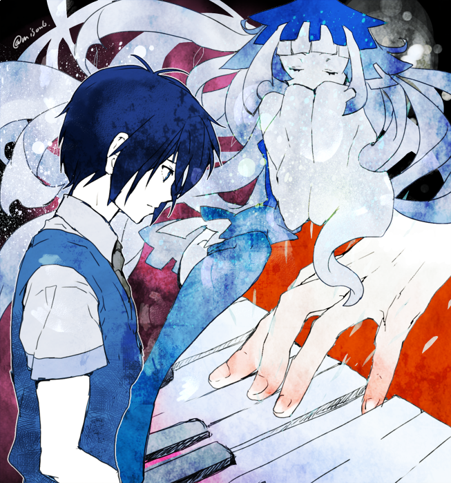 1boy, 1girl, black_hair, blue_hair, blue_sweater_vest, blunt_bangs, closed_eyes, closed_mouth, collared_shirt, fingernails, ghost, grey_shirt, inpr, instrument, long_hair, multiple_views, music, piano, playing_instrument, pop'n_music, schall_(pop'n_music), shirt, sleeves_past_fingers, sleeves_past_wrists, sweater_vest, takuto_(pop'n_music), twitter_username, very_long_hair