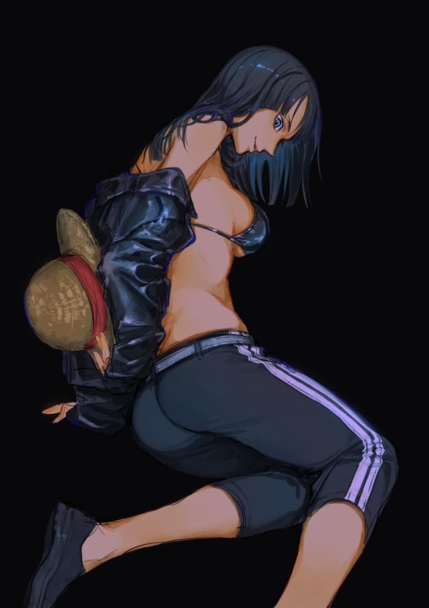 1girl, arms_behind_back, belt, bikini, bikini_top_only, black_background, black_bikini, black_footwear