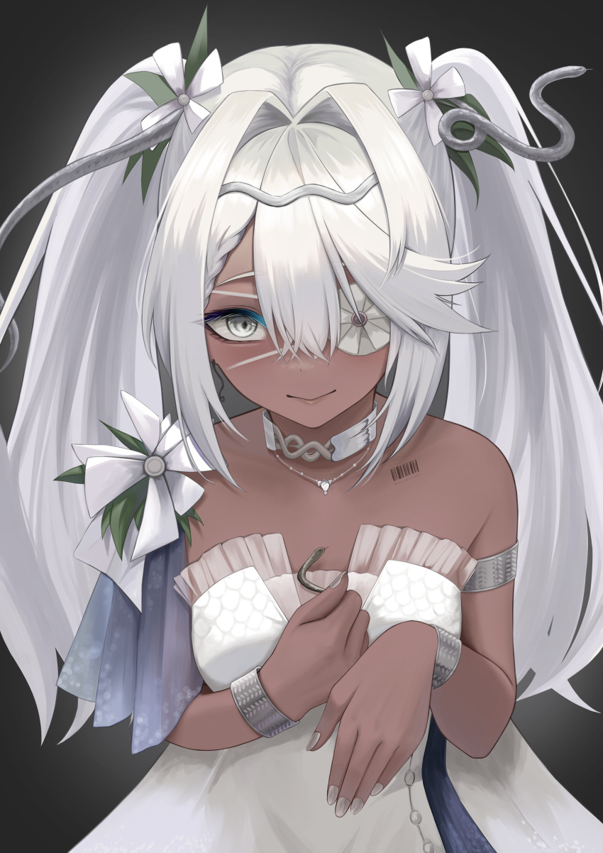 1girl, absurdres, armlet, barcode, barcode_tattoo, closed_mouth, codename696, dark-skinned_female