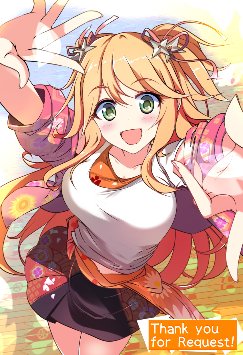 1girl, :d, blonde_hair, breasts, commission, floral_print_skirt, from_above, furisuku_(gerbera)
