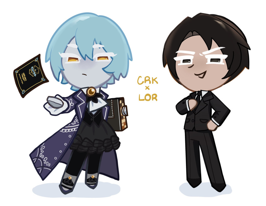 1boy, 1girl, angela_(project_moon), ascot, black_eyes, black_hair, black_pants, black_skirt