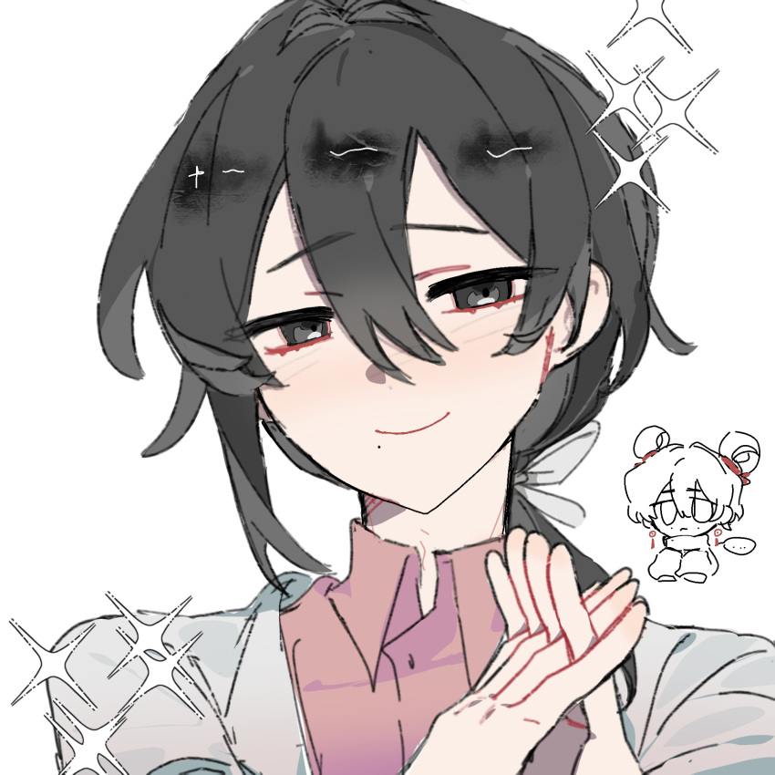 ..., 1boy, 1girl, black_eyes, black_hair, chomiissleeping, closed_mouth, collared_shirt