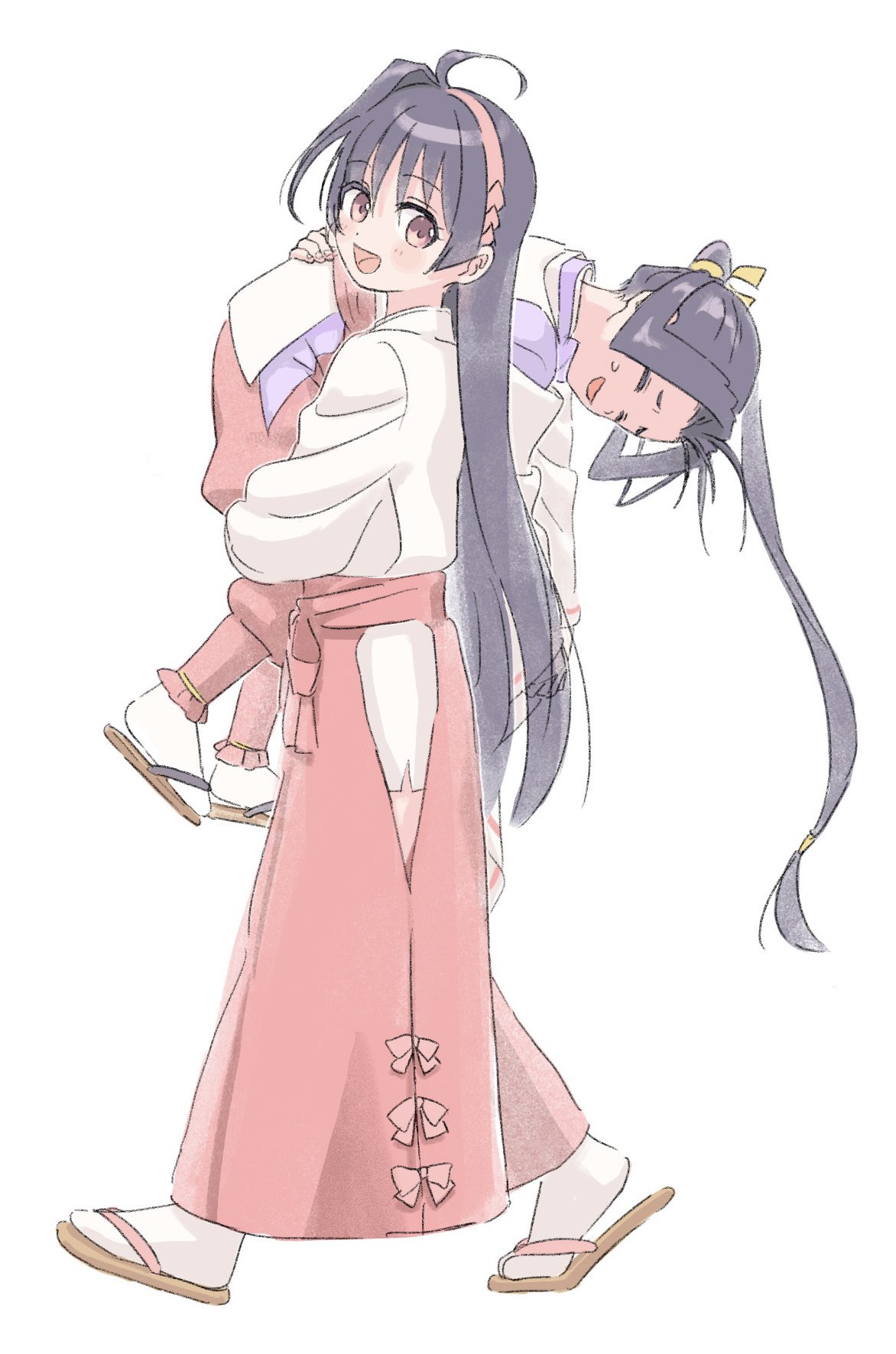 1boy, 1girl, :d, ahoge, black_hair, blush, bow, closed_eyes