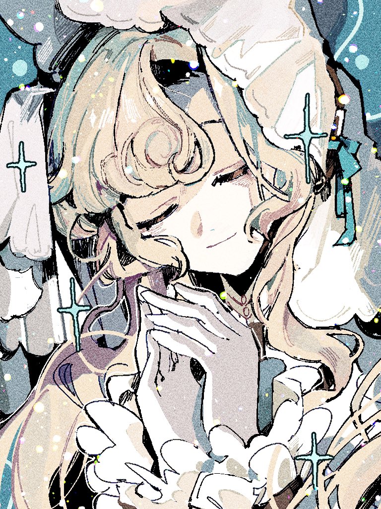1girl, blonde_hair, blue_background, closed_eyes, closed_mouth, film_grain, gloves, hand_up