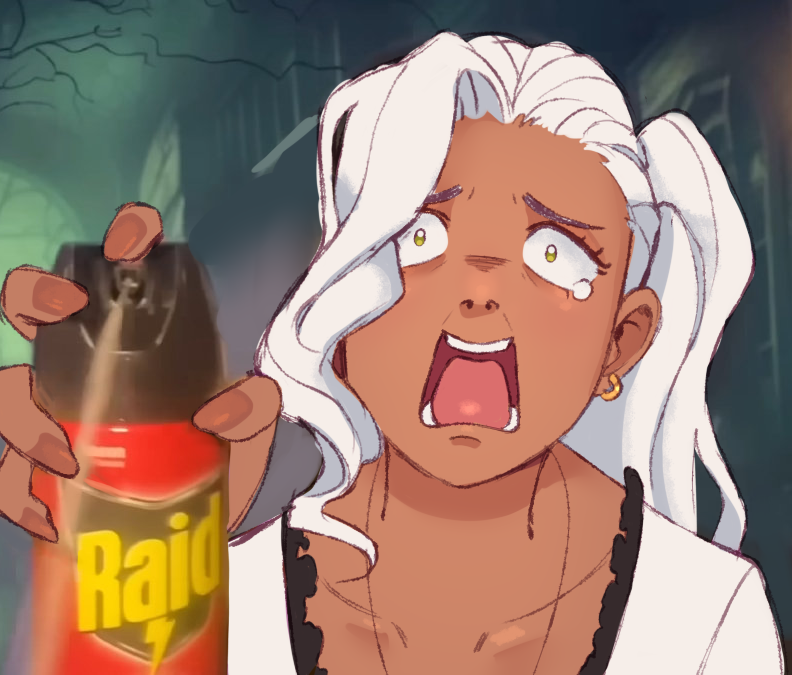 1girl, aerosol, brown_nails, bug_spray, crying, crying_with_eyes_open, dark-skinned_female, dark_skin