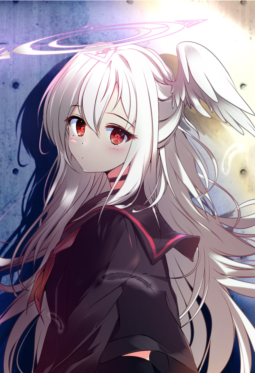 1girl, absurdres, alternate_costume, black_choker, black_sailor_collar, black_serafuku, blue_archive, choker, cosplay, from_side, furisuku_(gerbera), halo, head_wings, highres, justice_task_force_member_(blue_archive), justice_task_force_member_(blue_archive)_(cosplay), long_hair, looking_to_the_side, pink_halo, red_eyes, red_ribbon, ribbon, sailor_collar, school_uniform, serafuku, single_head_wing, solo, suzumi_(blue_archive), turning_head, very_long_hair, white_hair, wings