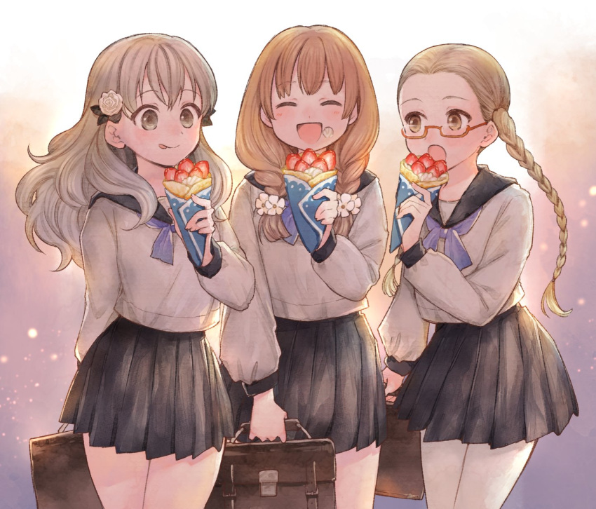 3girls, bag, black_skirt, blonde_hair, braid, closed_eyes, cream, cream_on_face, crepe, eating, flower, food, food_on_face, fruit, fuyusaka_iori, glasses, gradient_background, grey_hair, grey_serafuku, hair_flower, hair_ornament, highres, holding, holding_food, juusan_kihei_bouei_ken, kisaragi_tomi, long_hair, long_sleeves, multiple_girls, neckerchief, nichaku, open_mouth, orange_hair, pleated_skirt, purple_neckerchief, red-framed_eyewear, rose, sailor_collar, sawatari_miwako, school_bag, school_uniform, semi-rimless_eyewear, serafuku, simple_background, skirt, smile, standing, strawberry, tongue, tongue_out, twin_braids, wavy_hair, whipped_cream, white_flower, white_hair, white_rose