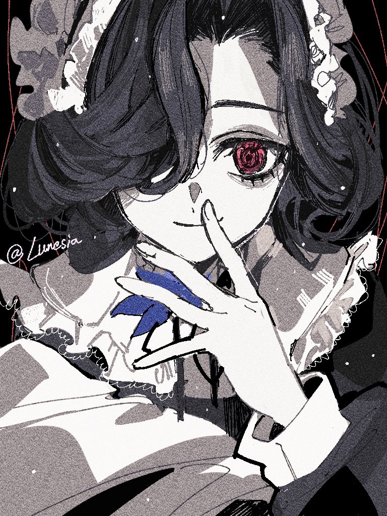1girl, black_dress, black_hair, blanket, dress, film_grain, finger_to_mouth, hair_over_one_eye