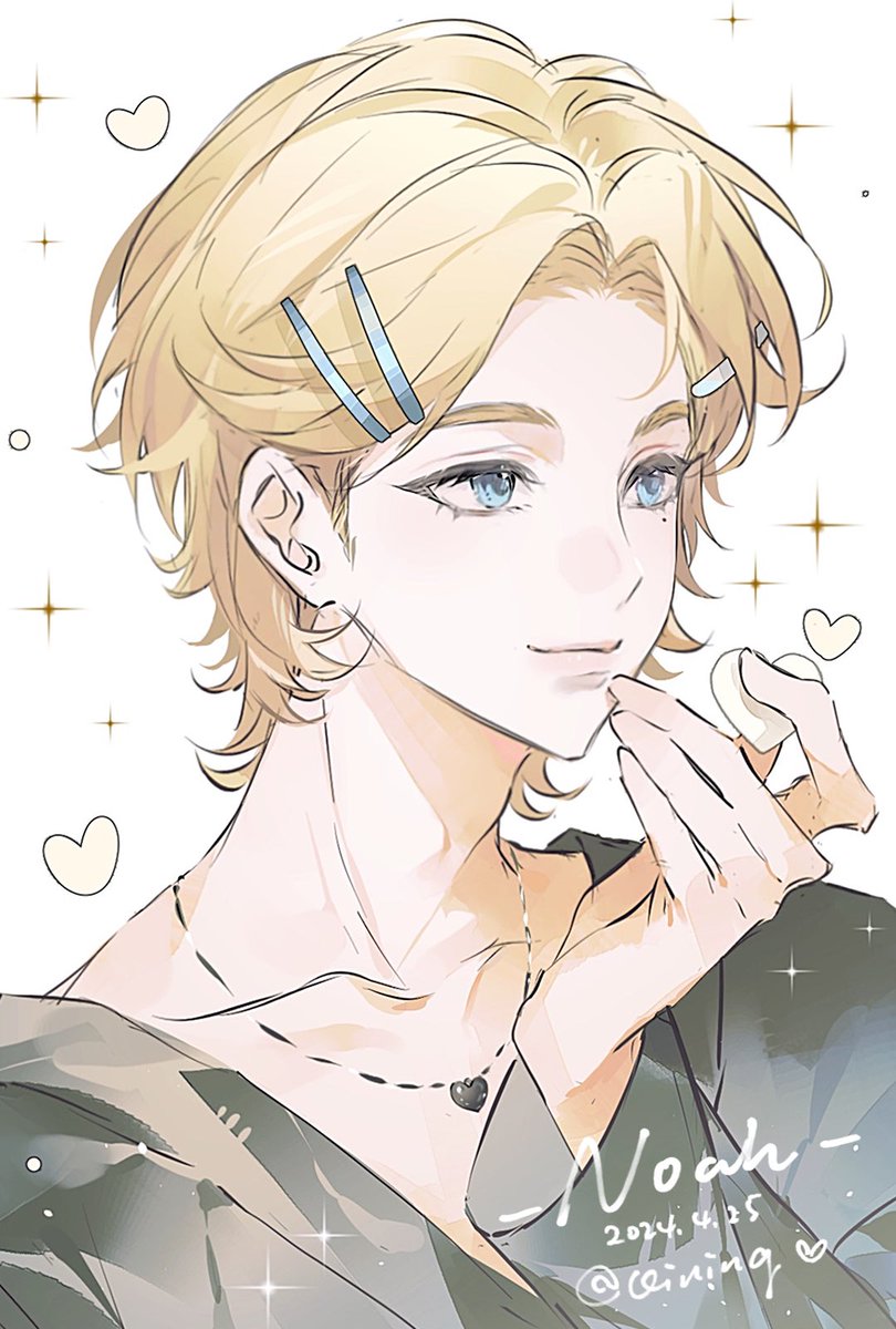 1boy, arm_up, blonde_hair, blue_eyes, character_name, closed_mouth, commentary, curled_fingers