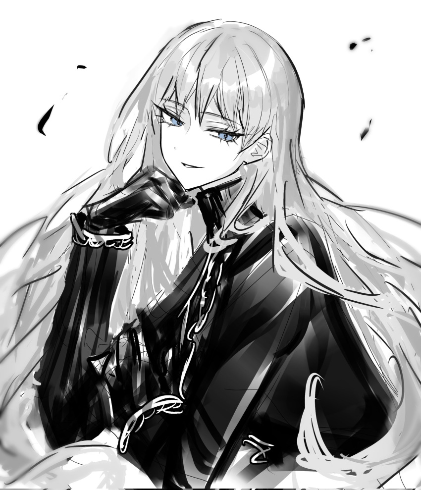 1girl, angelica_(project_moon), black_gloves, black_jacket, black_sweater, blue_eyes, gloves, hand_up