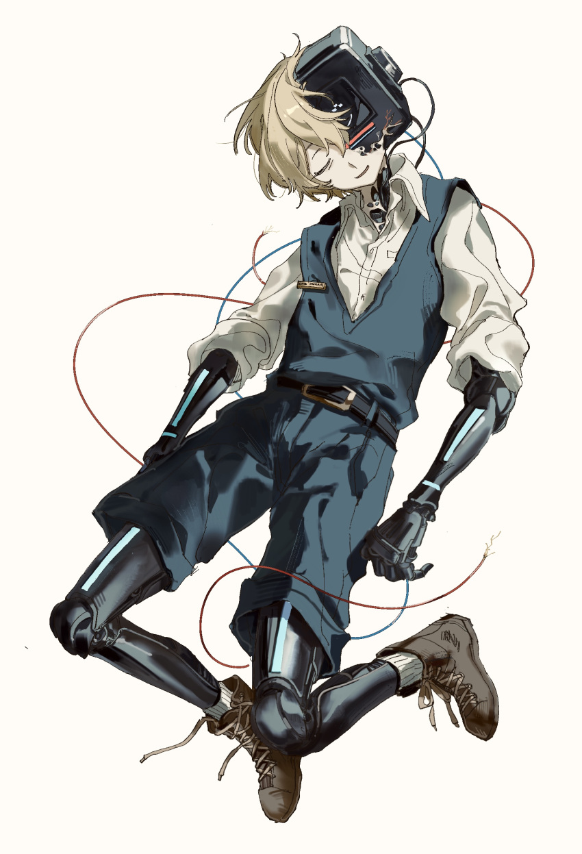 1boy, absurdres, alternate_universe, android, bad_end, blue_shorts, blue_sweater_vest, boots