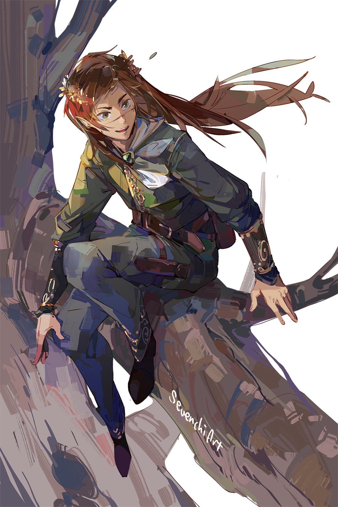 1boy, brown_hair, commentary, elf, english_commentary, gem, goodtimeswithscar, goodtimeswithscar_(elvish), green_eyes, green_shirt, hermitcraft, highres, long_hair, male_focus, minecraft_youtube, open_mouth, painterly, pants, pointy_ears, scar, sevenchi, shirt, signature, solo, tree, white_background