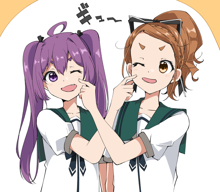 22/7, 2girls, ;d, ahoge, black_bow, black_bowtie, bow, bowtie
