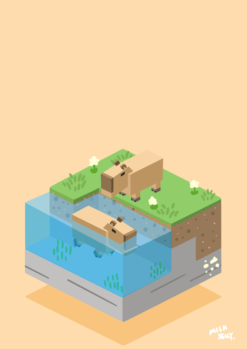 absurdres, animal, animal_focus, block_(minecraft), capybara, commentary, english_commentary, flower, full_body, grass, highres, isometric, milk_jelly_(milkjellyrex), minecraft, minecraft_(style), no_humans, no_lineart, orange_background, original, shadow, signature, standing, swimming, water
