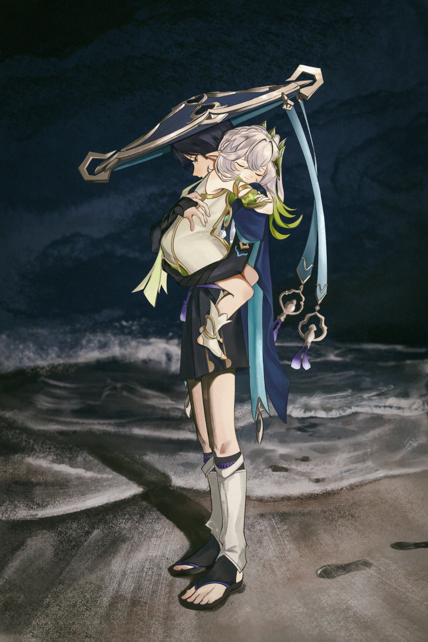1boy, 1girl, bare_shoulders, beach, black_shorts, carrying, carrying_person, closed_eyes, closed_mouth, detached_sleeves, dress, footprints, full_body, genshin_impact, gold_trim, green_hair, highres, hug, long_hair, multicolored_hair, nahida_(genshin_impact), non0aaaa, ocean, sandals, scaramouche_(genshin_impact), short_sleeves, shorts, side_ponytail, smile, standing, streaked_hair, wanderer_(genshin_impact), water, white_dress, white_hair