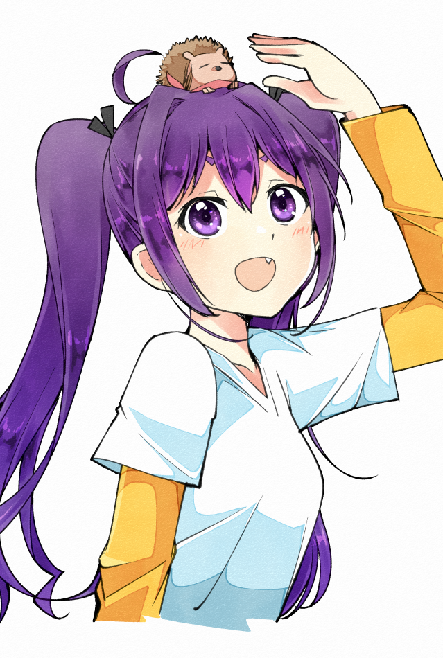 1girl, 22/7, ahoge, animal_on_head, arm_up, black_bow, bow, collarbone