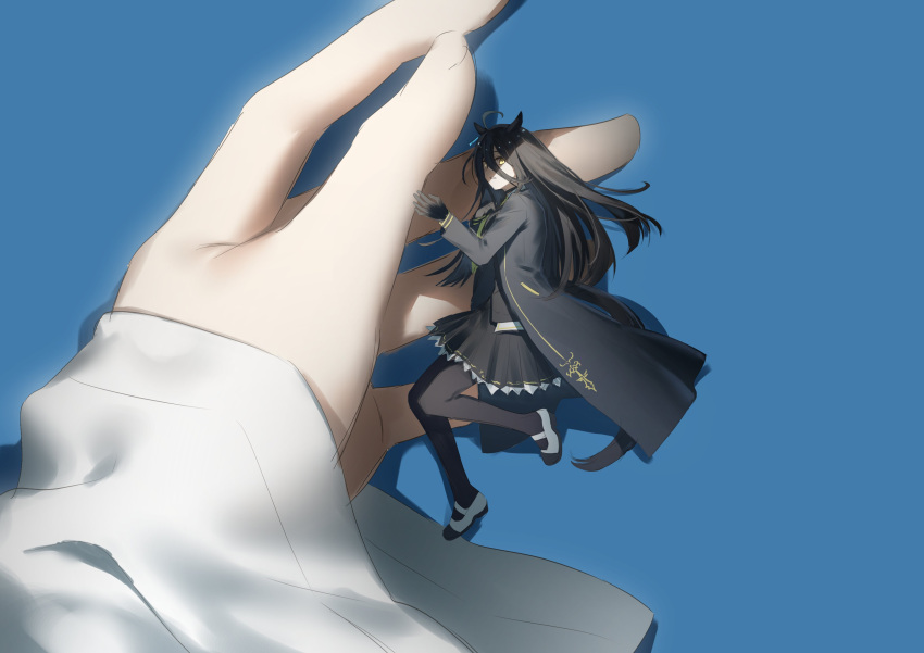 2girls, absurdres, agnes_tachyon_(umamusume), ahoge, animal_ears, black_hair, blue_background, duck_sal