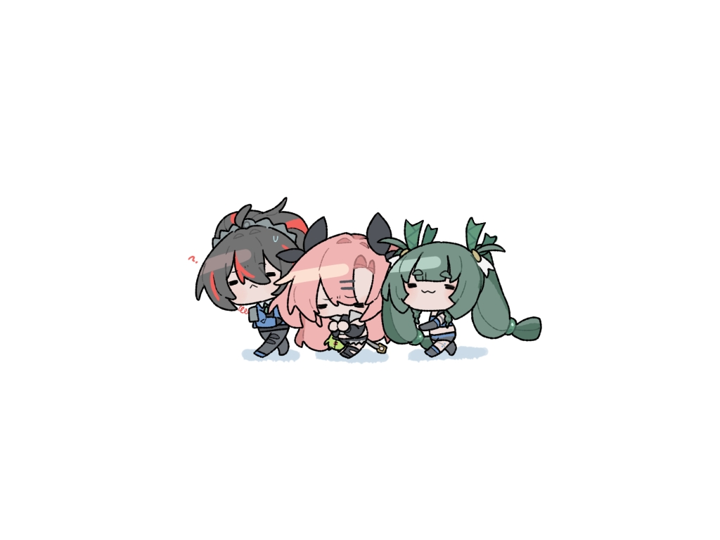 3girls, :3, ?, ashira_(siphaca), black_hair, blunt_bangs, chibi, full_body