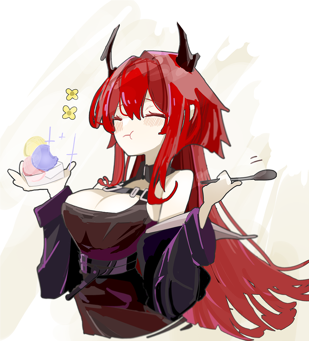 arknights, bare_shoulders, black_dress, closed_eyes, demon_horns, detached_collar, dress, food