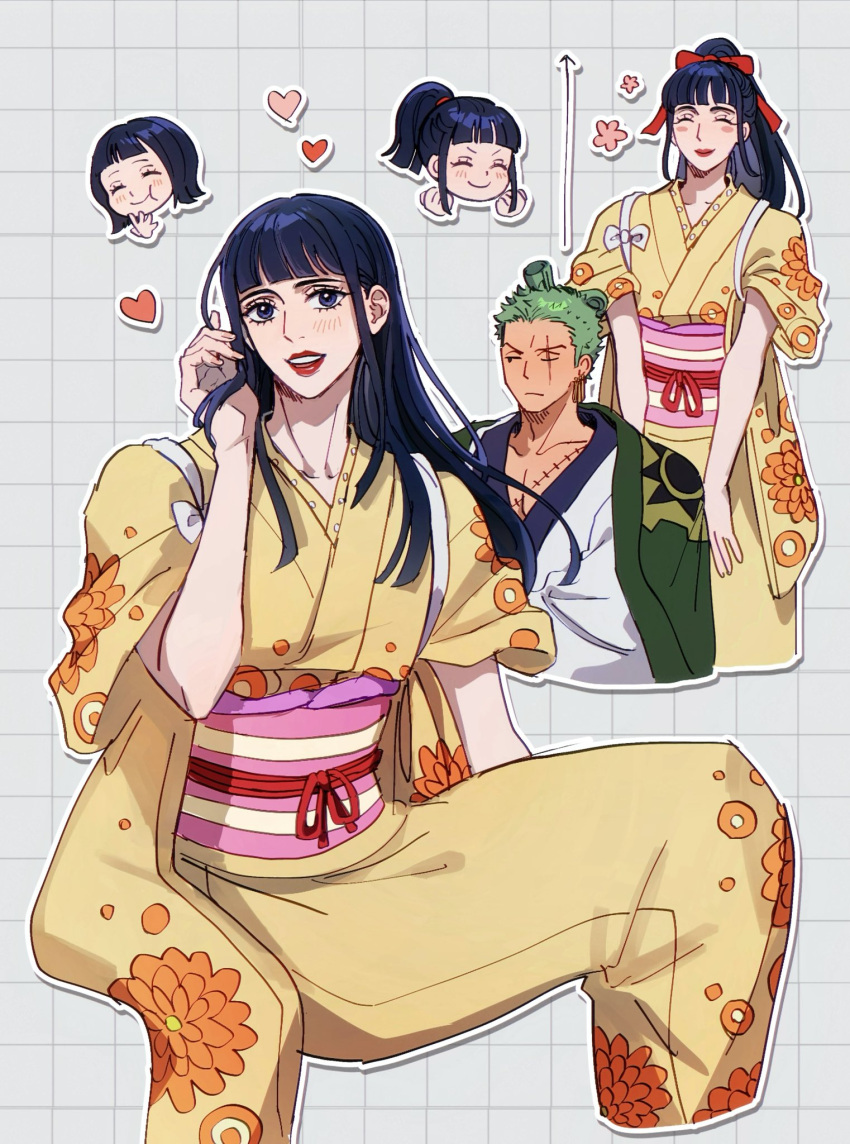 ^_^, arrow_(symbol), blunt_bangs, blush, blush_stickers, chonmage, closed_eyes, floral_print_kimono
