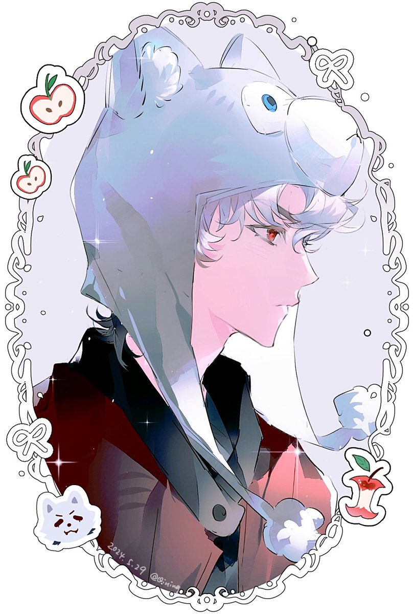 1boy, animal_hat, apple, apple_core, black_shirt, border, closed_mouth, collared_shirt